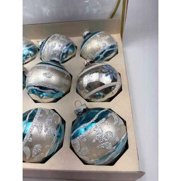 Shiny Brite Vintage Glass Ornaments Teal & Silver Glitter 10-Piece Set Christmas - Picture 3 of 14